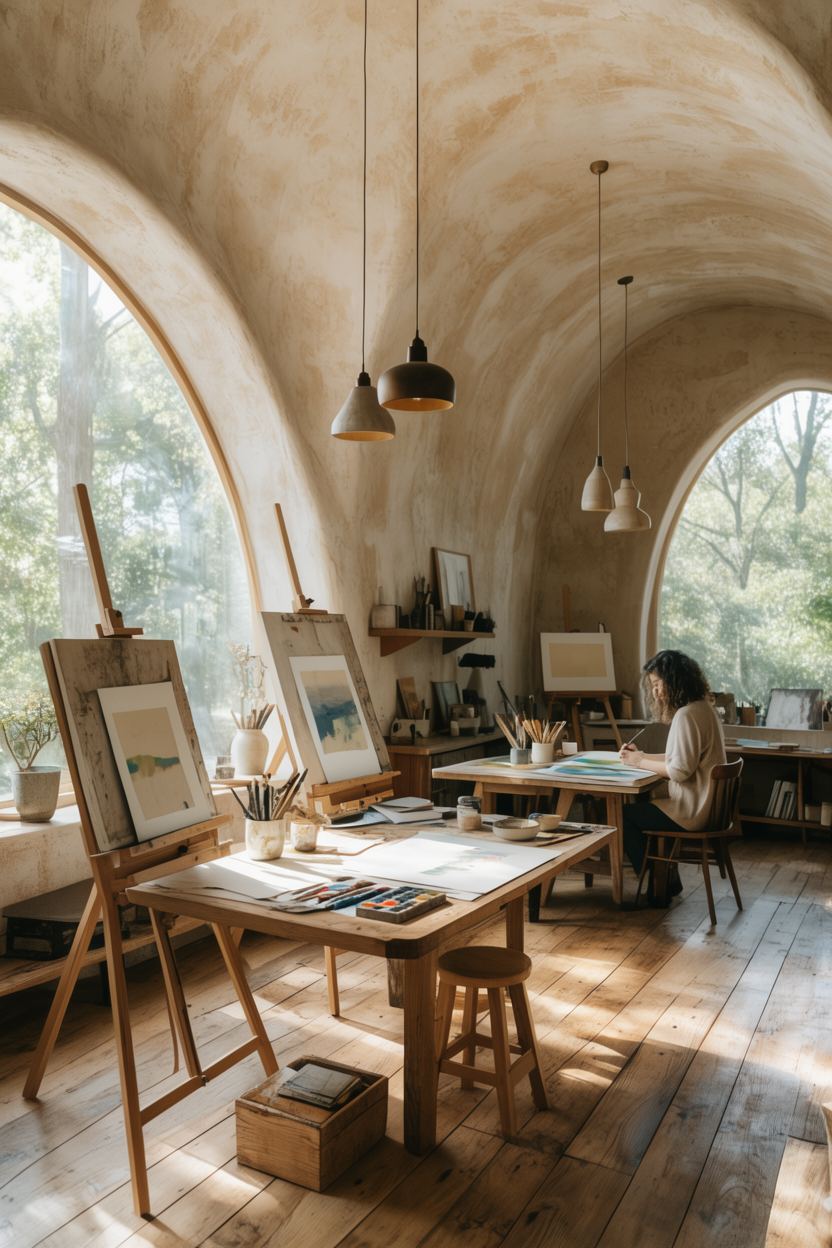 Rendering of a sunlit art studio with curved plaster walls and arched windows at The Sanctuary