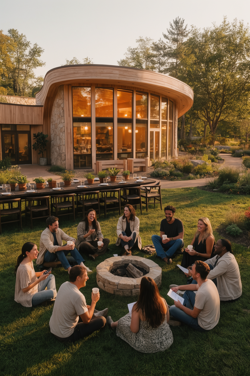 Rendering of a diverse group of people gathered outdoors at The Sanctuary at golden hour