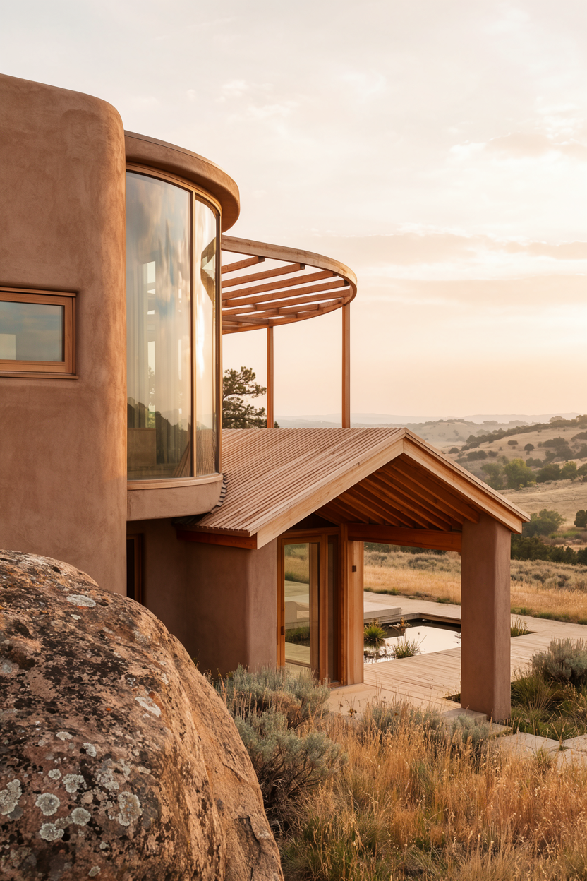 Exterior rendering of The Sanctuary at golden hour, curved architecture set into the landscape