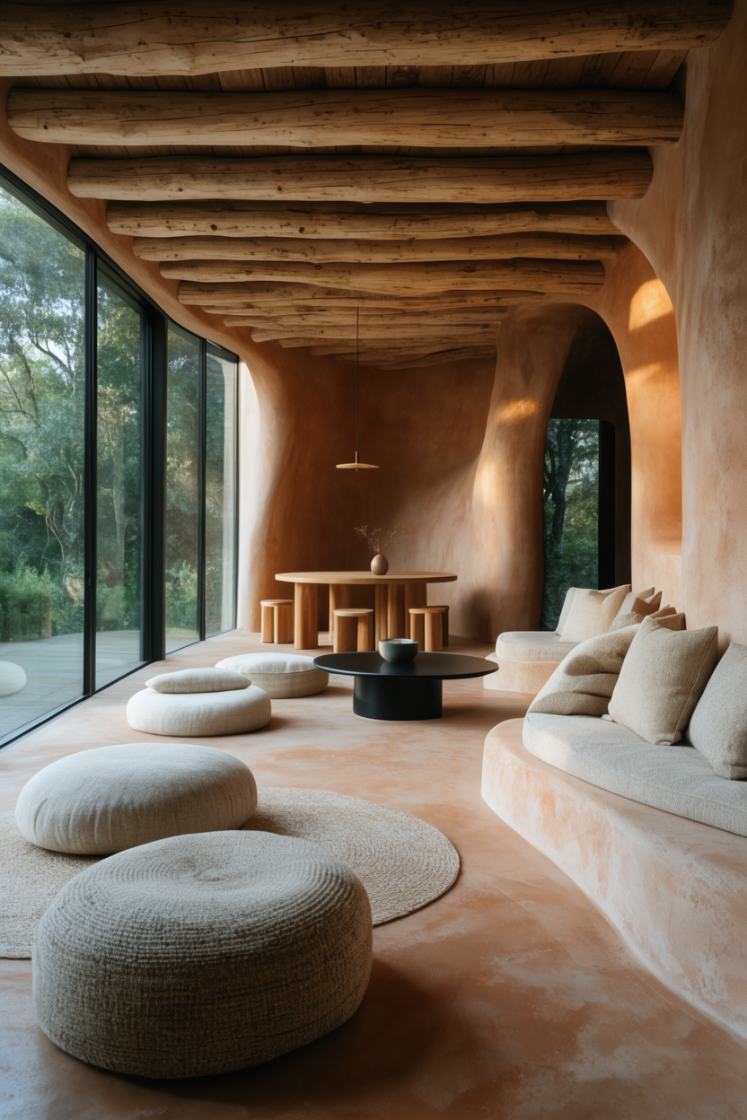 Rendering of The Sanctuary's great room with curved plaster walls and natural light