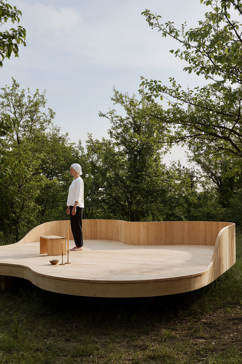 Rendering of a curved wooden meditation and ceremony platform set among trees