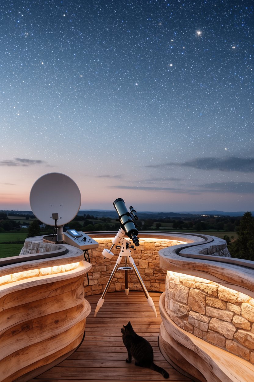 Rendering of a rooftop observatory deck with a telescope under a starry night sky at The Sanctuary