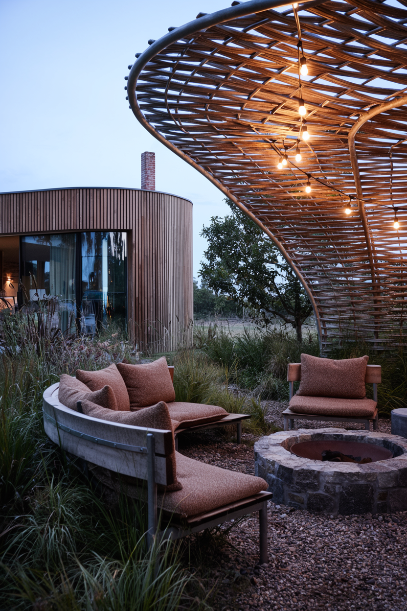 Rendering of an outdoor gathering area at dusk with a fire pit at The Sanctuary
