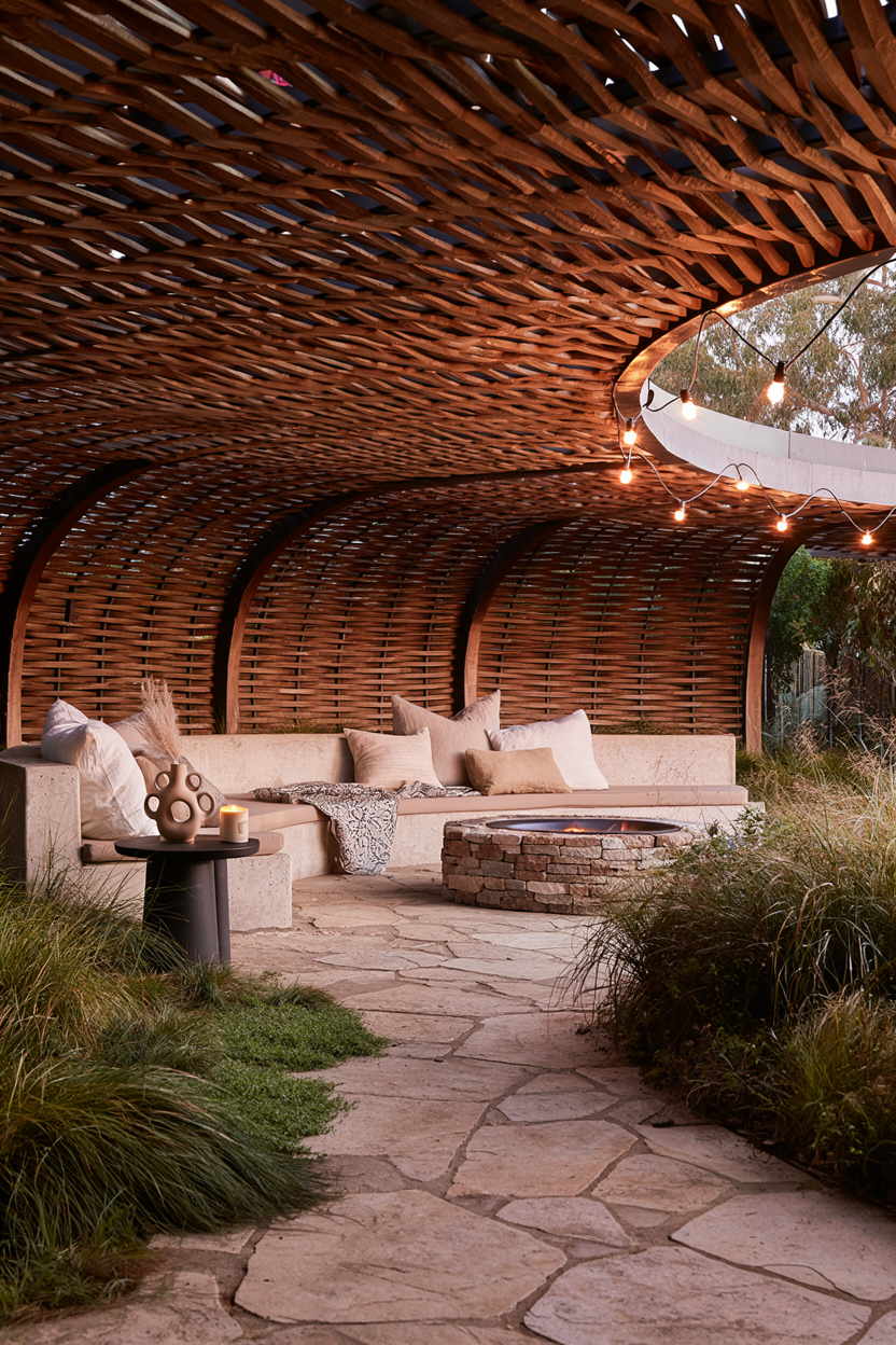 Rendering of a woven wood pergola and stone fire pit seating area at The Sanctuary