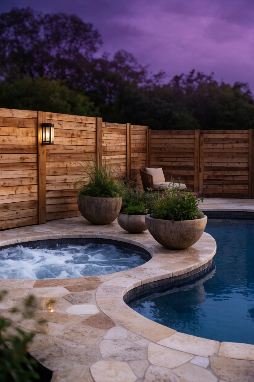 Rendering of a hot tub and pool area at dusk with stone decking