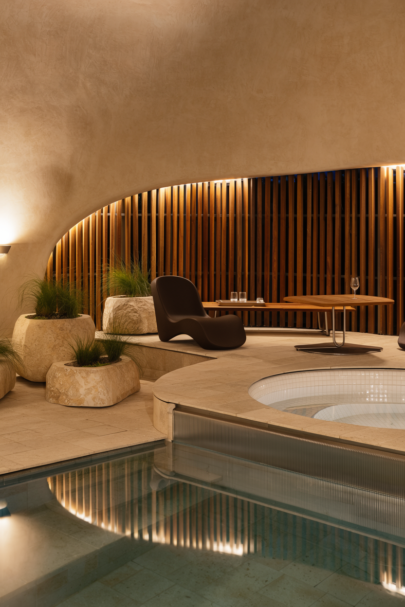 Rendering of an indoor pool and hot tub area with curved plaster walls at The Sanctuary