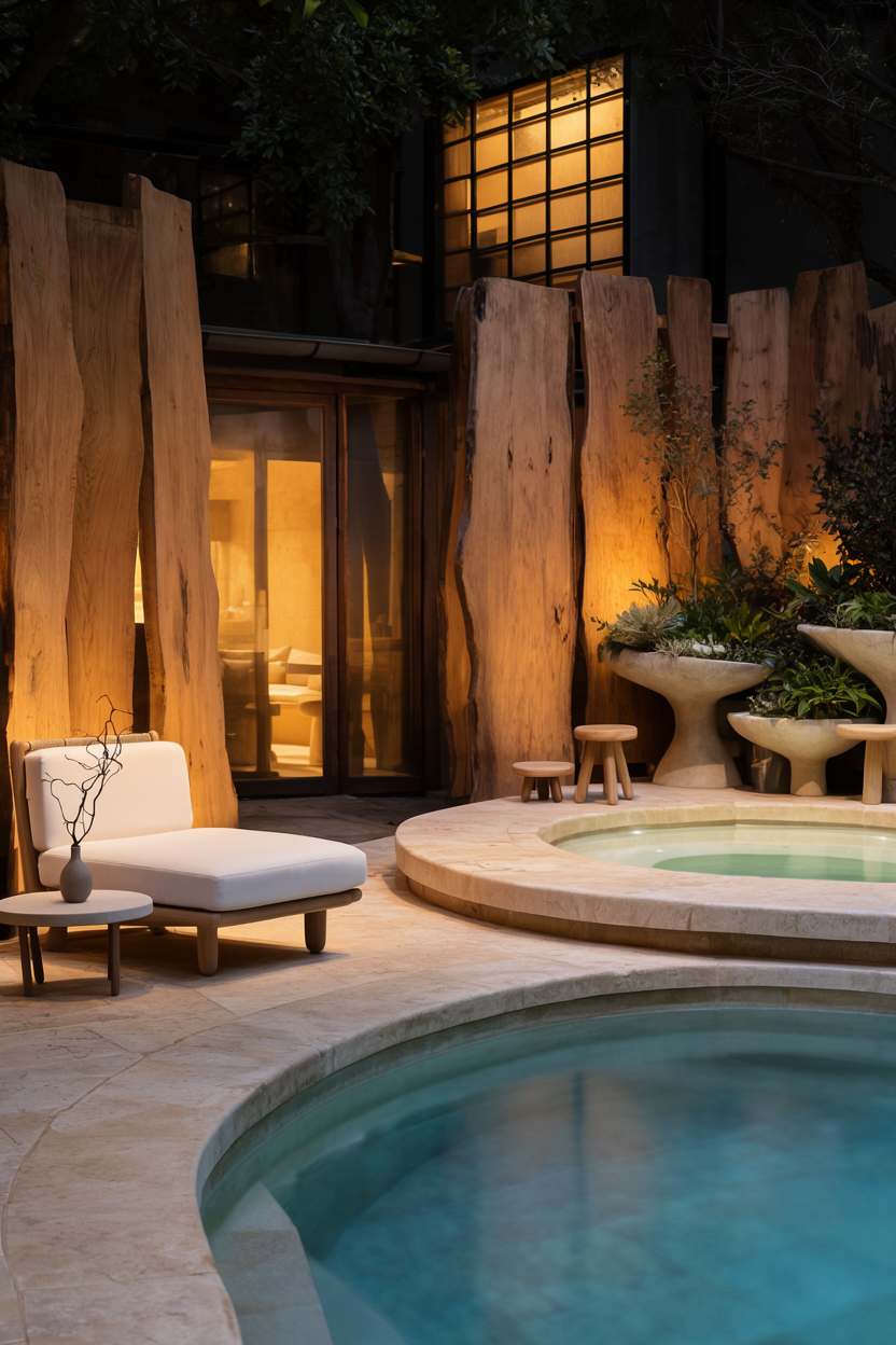 Rendering of a pool and hot tub area at night with natural wood privacy screens