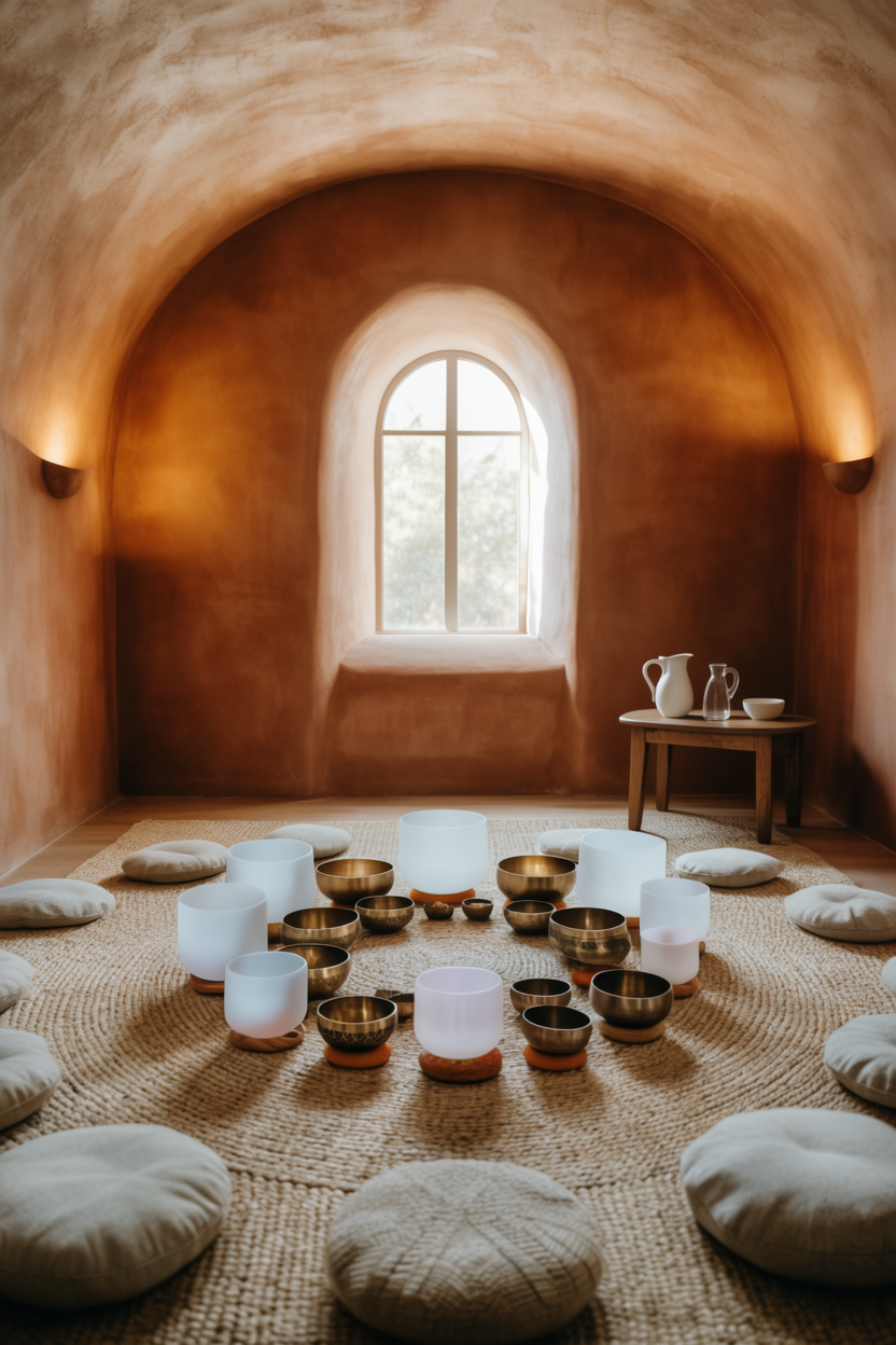 Rendering of an interior sound healing and breathwork room with singing bowls at The Sanctuary