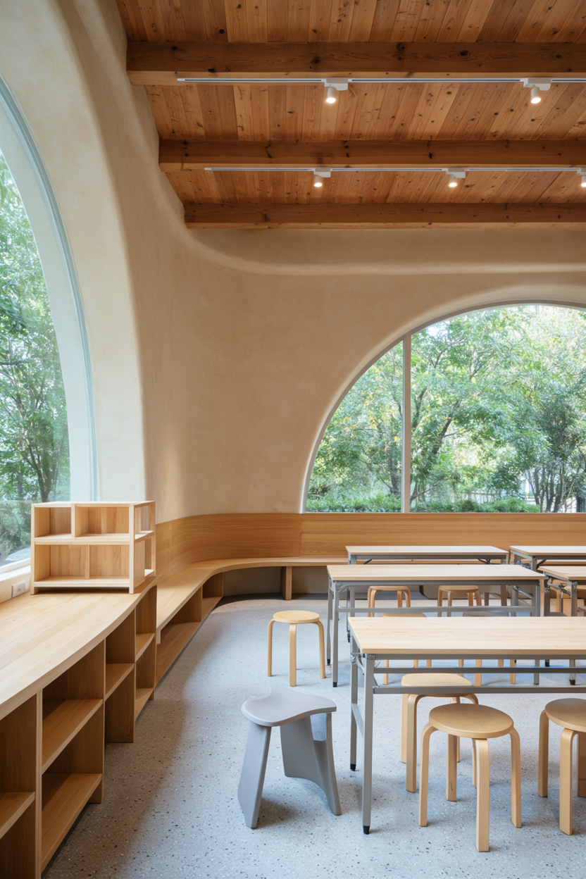 Rendering of a bright workshop and classroom space with arched windows at The Sanctuary