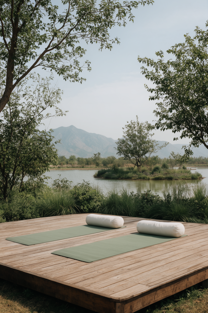 Rendering of an outdoor yoga deck overlooking the water at The Sanctuary